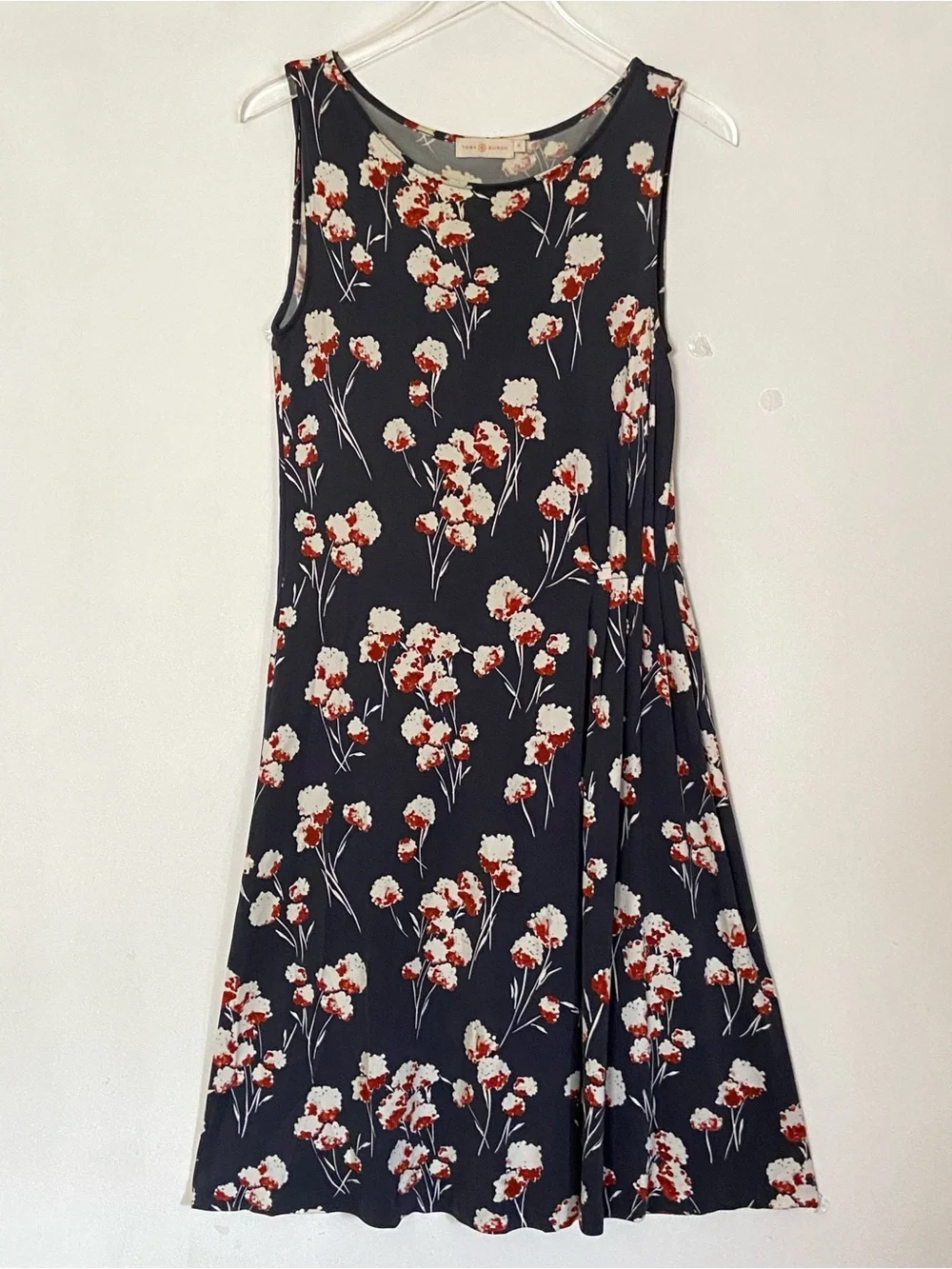 Tory Burch Floral Sheath Dress M Navy Cherry Blossom Side Zip Knee Length